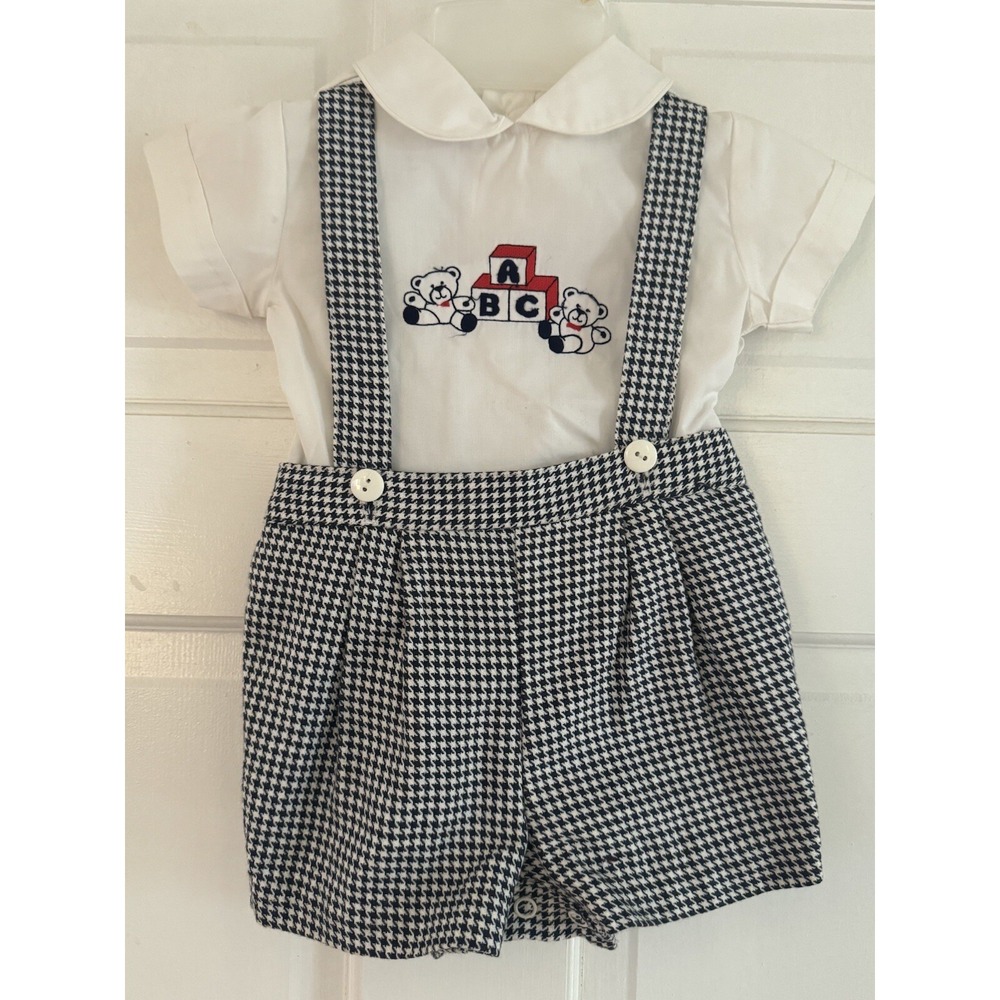 Vtg Boys Houndstooth‎ Shorts Set Sz 3-6 Mth Little Lad Suspenders Bears Block